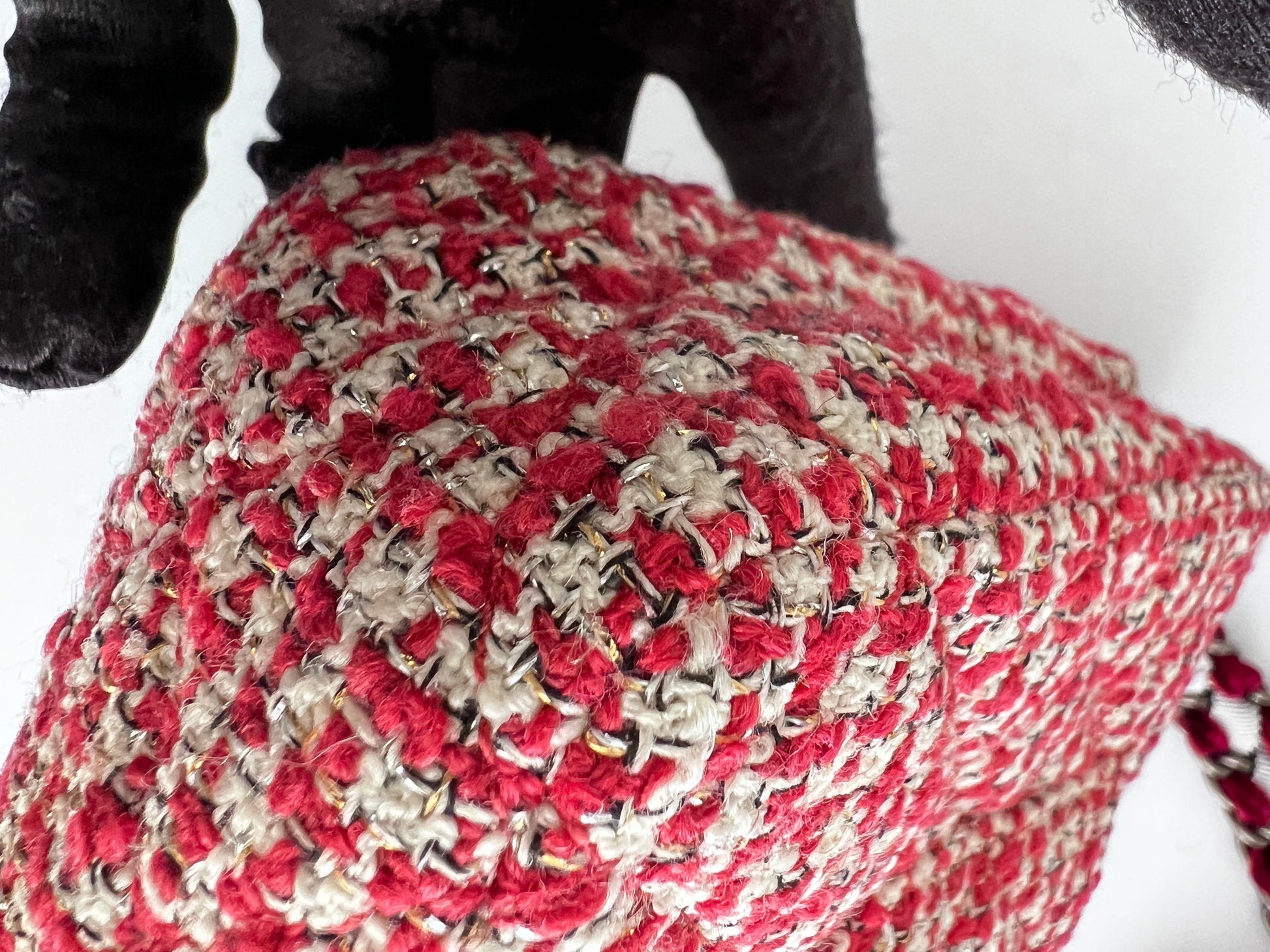 Chanel red velvet chain double flap tweed bag