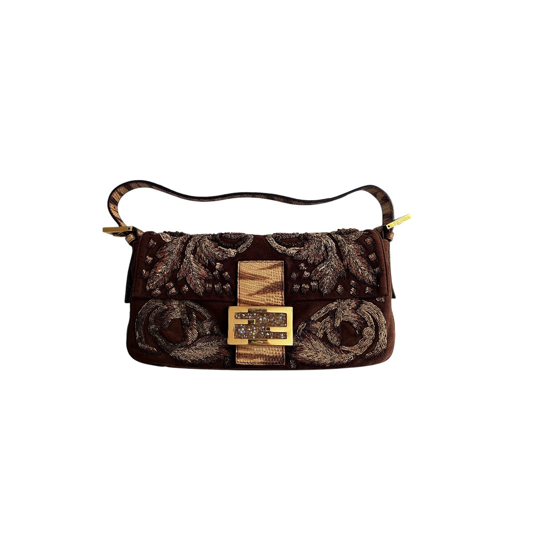 Fendi Fendi embroidered brown suede baguette