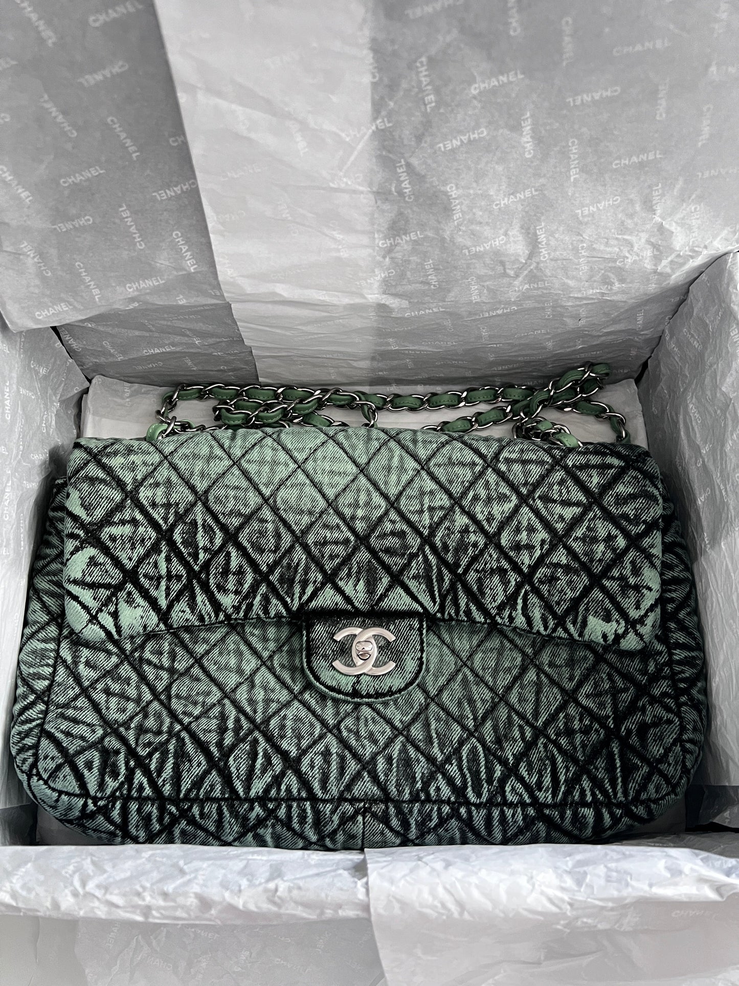 NWOT! Chanel Denimprassion Flap Bag Quilted distressed denim XL green
