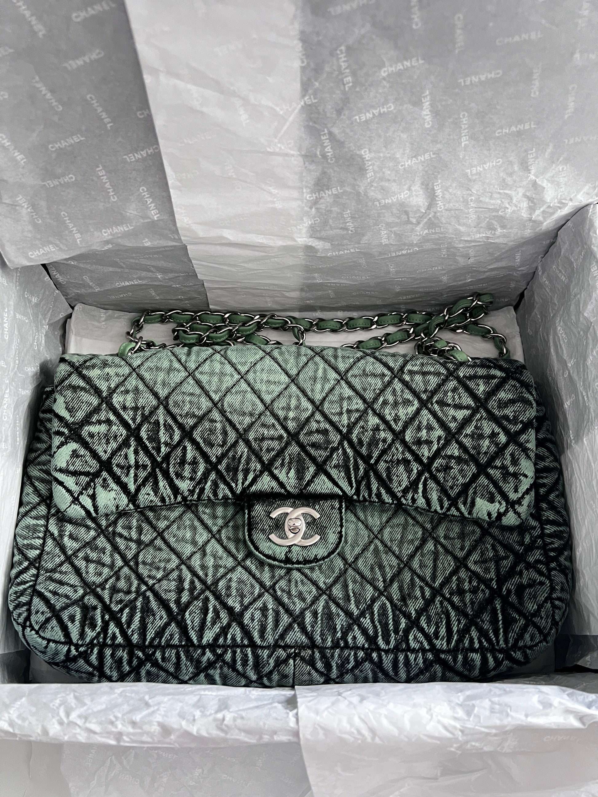 NWOT! Chanel Denimprassion Flap Bag Quilted distressed denim XL green