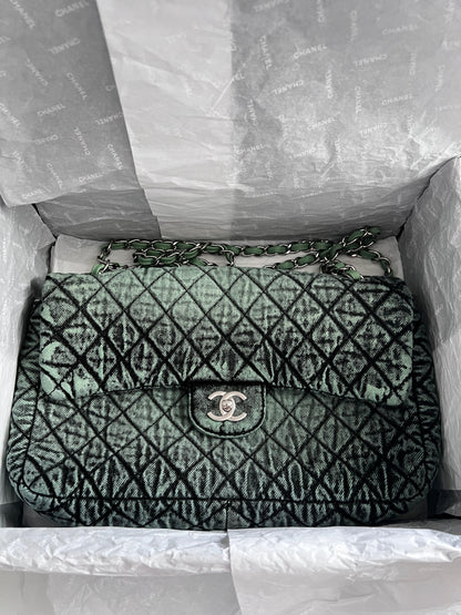 NWOT! Chanel Denimprassion Flap Bag Quilted distressed denim XL green