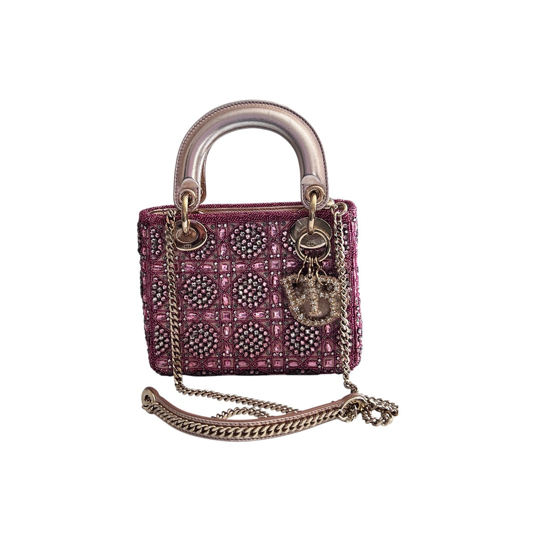 Pre-loved Mini Lady Dior Bag Metallic Lambskin and Rose des Vents Satin Embroidered with Beads