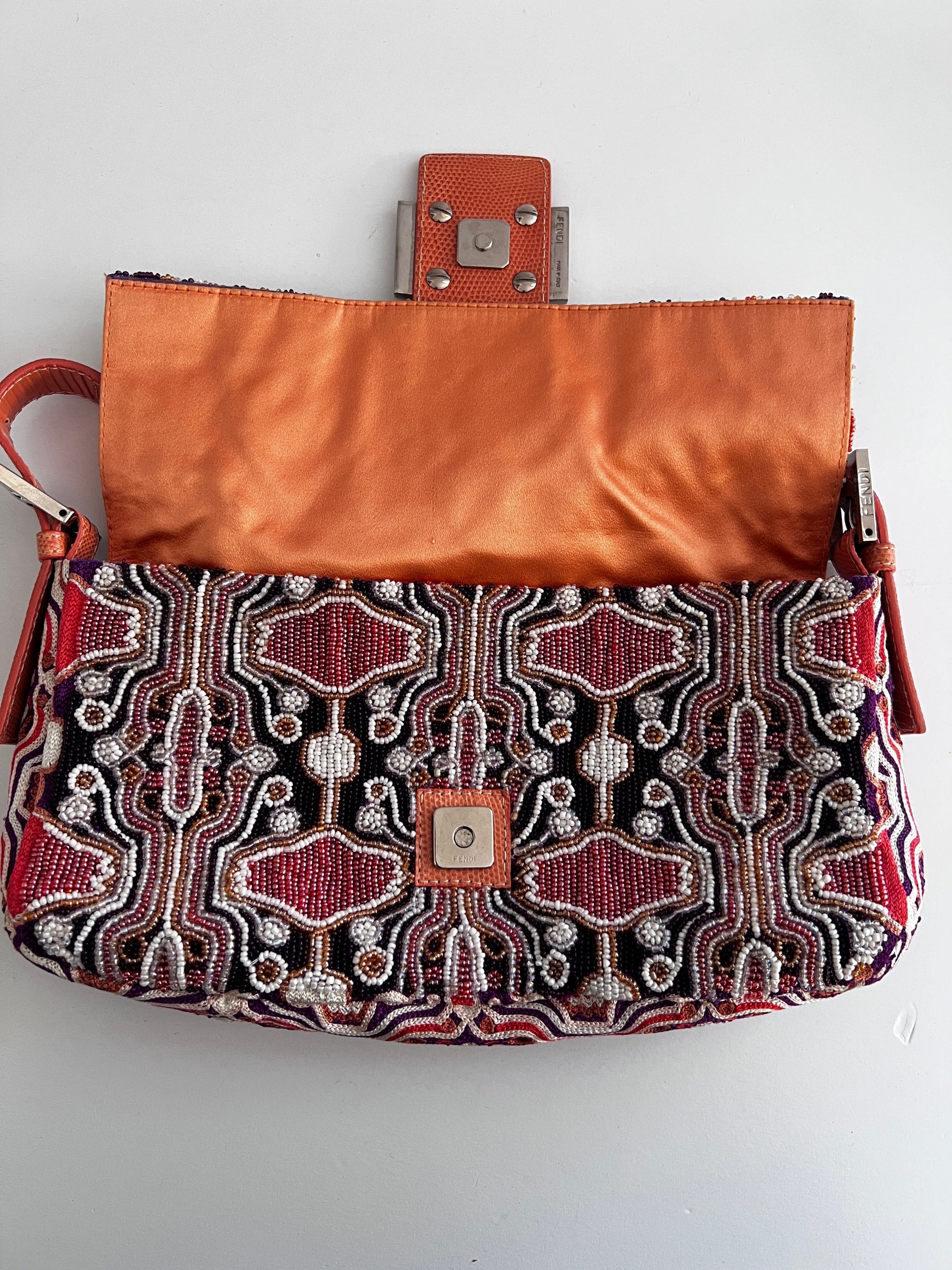 Fendi orange beaded embroidered baguette