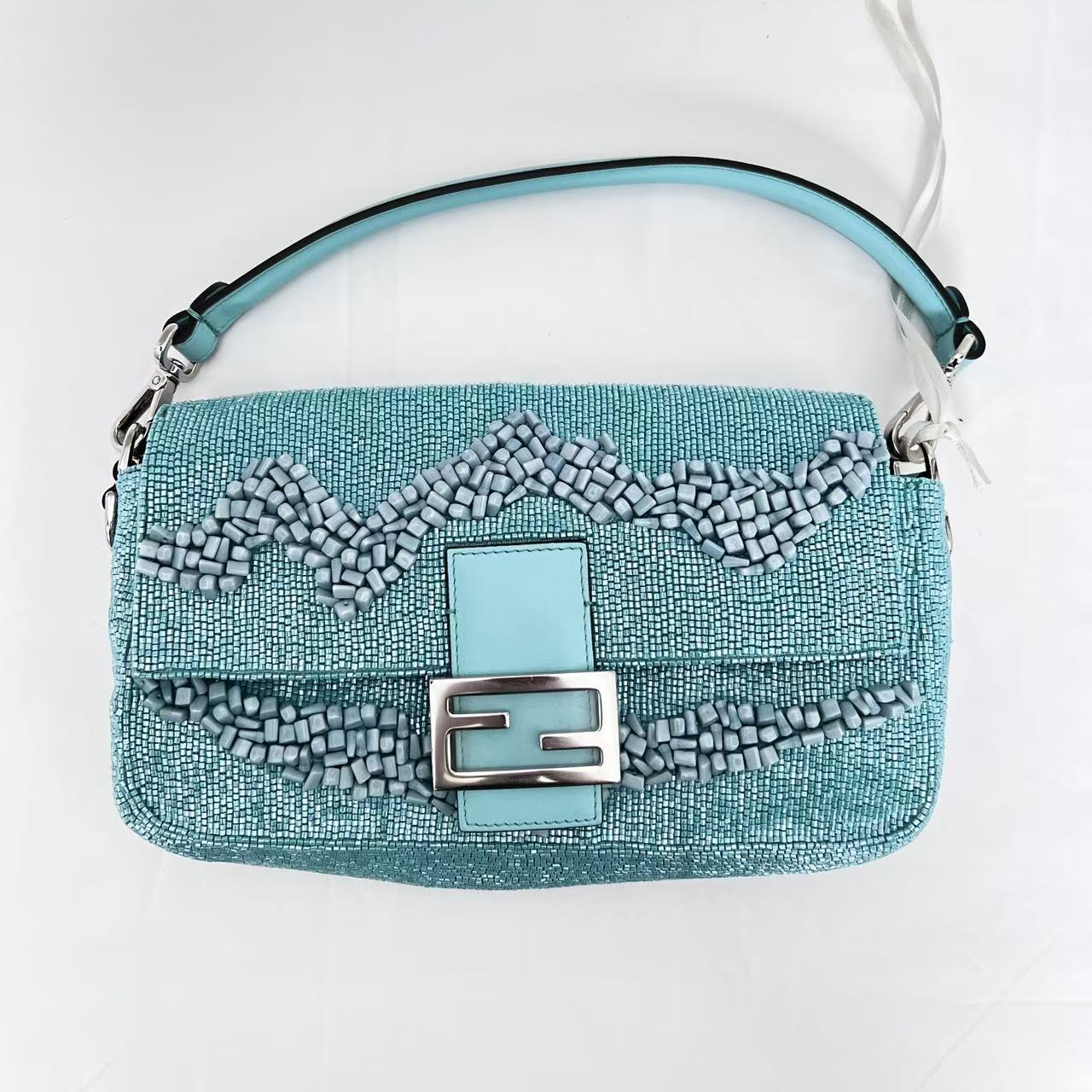 Fendi Baguette light blue beaded shoulder bag
