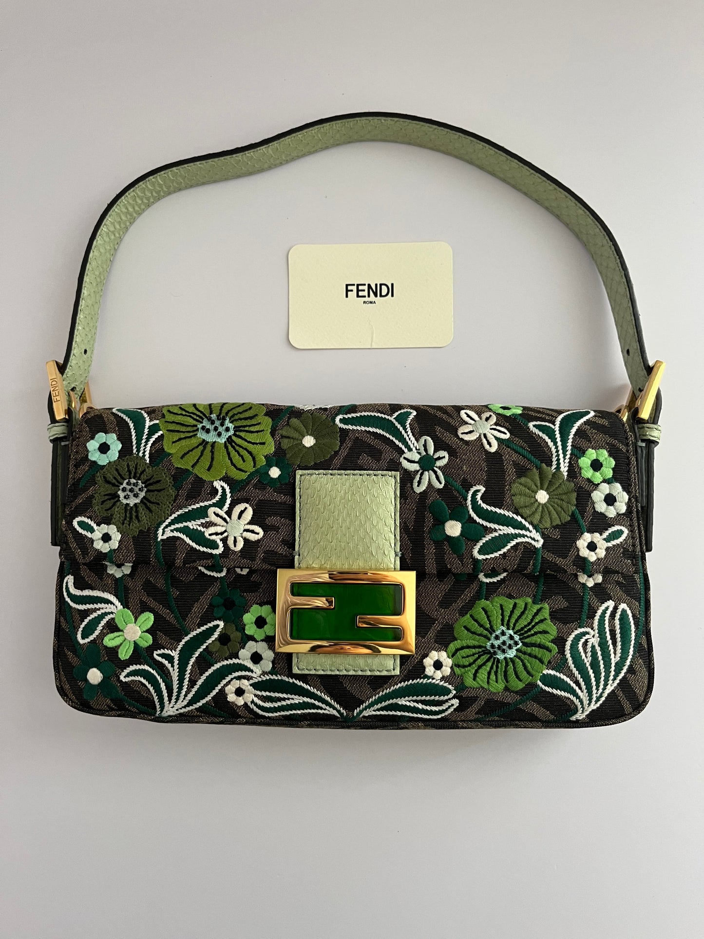 Fendi baguette FF embroidery gold hardware shoulder bag