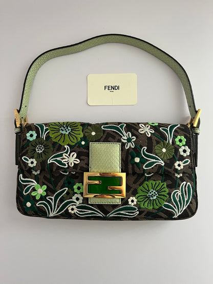 Fendi baguette FF embroidery gold hardware shoulder bag