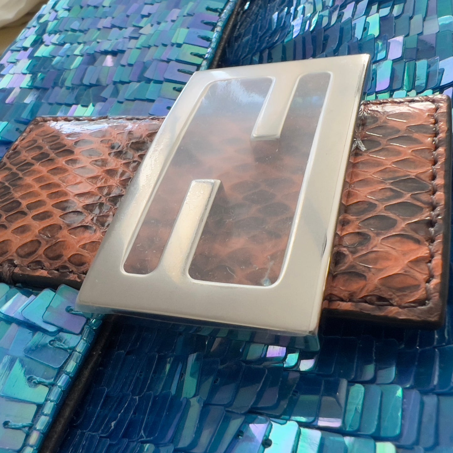 Fendi Reissue Green Stripe Blue Sequin Baguette