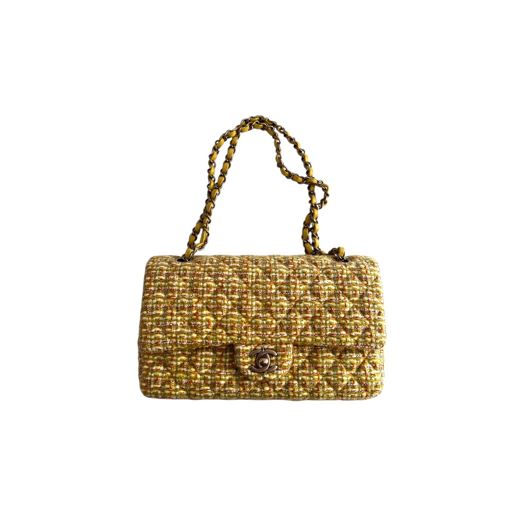 Chanel Chanel yellow tweed medium size double flap bag