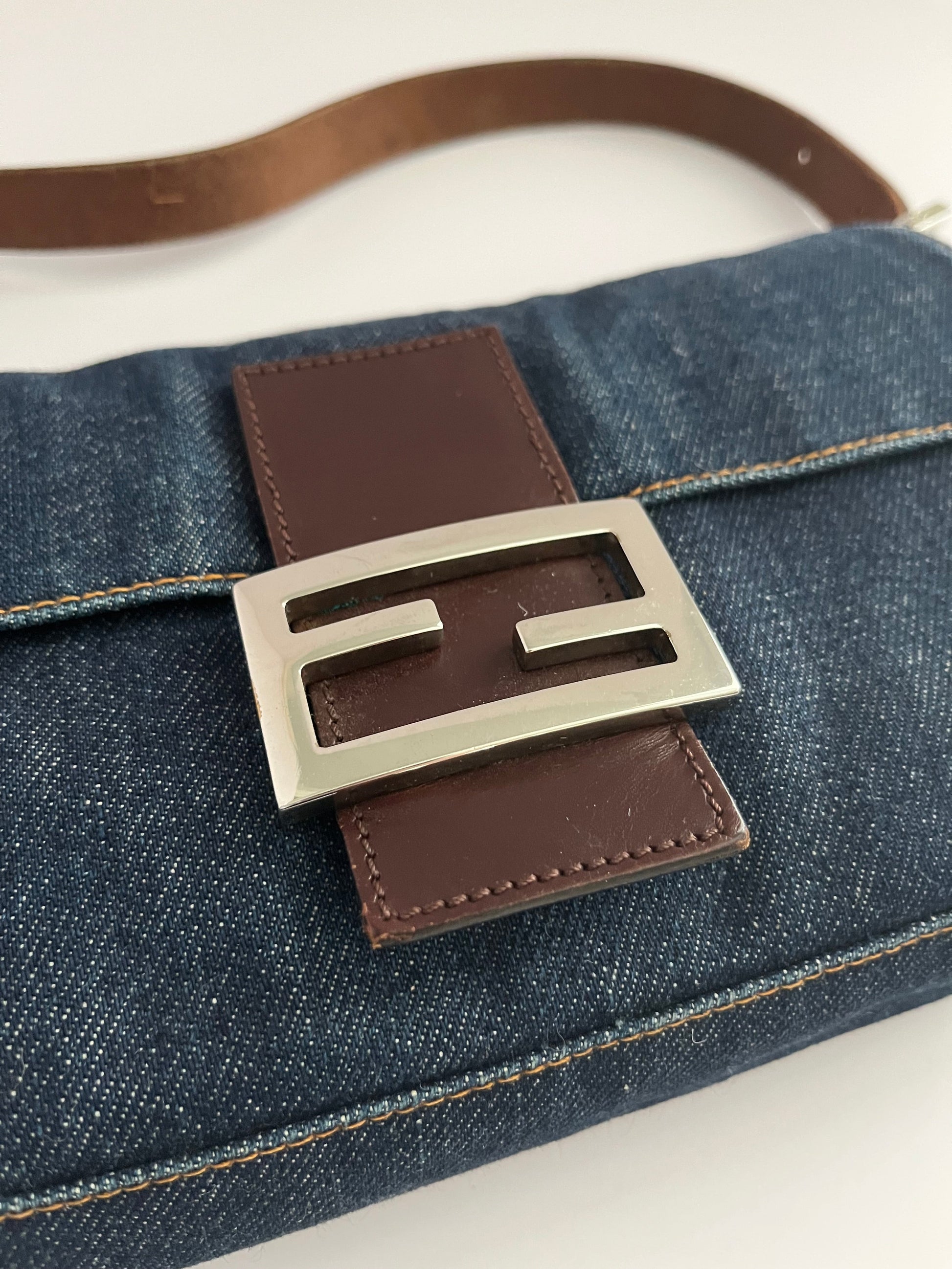 Fendi baguette blue jeans leather silver hardware shoulder bag