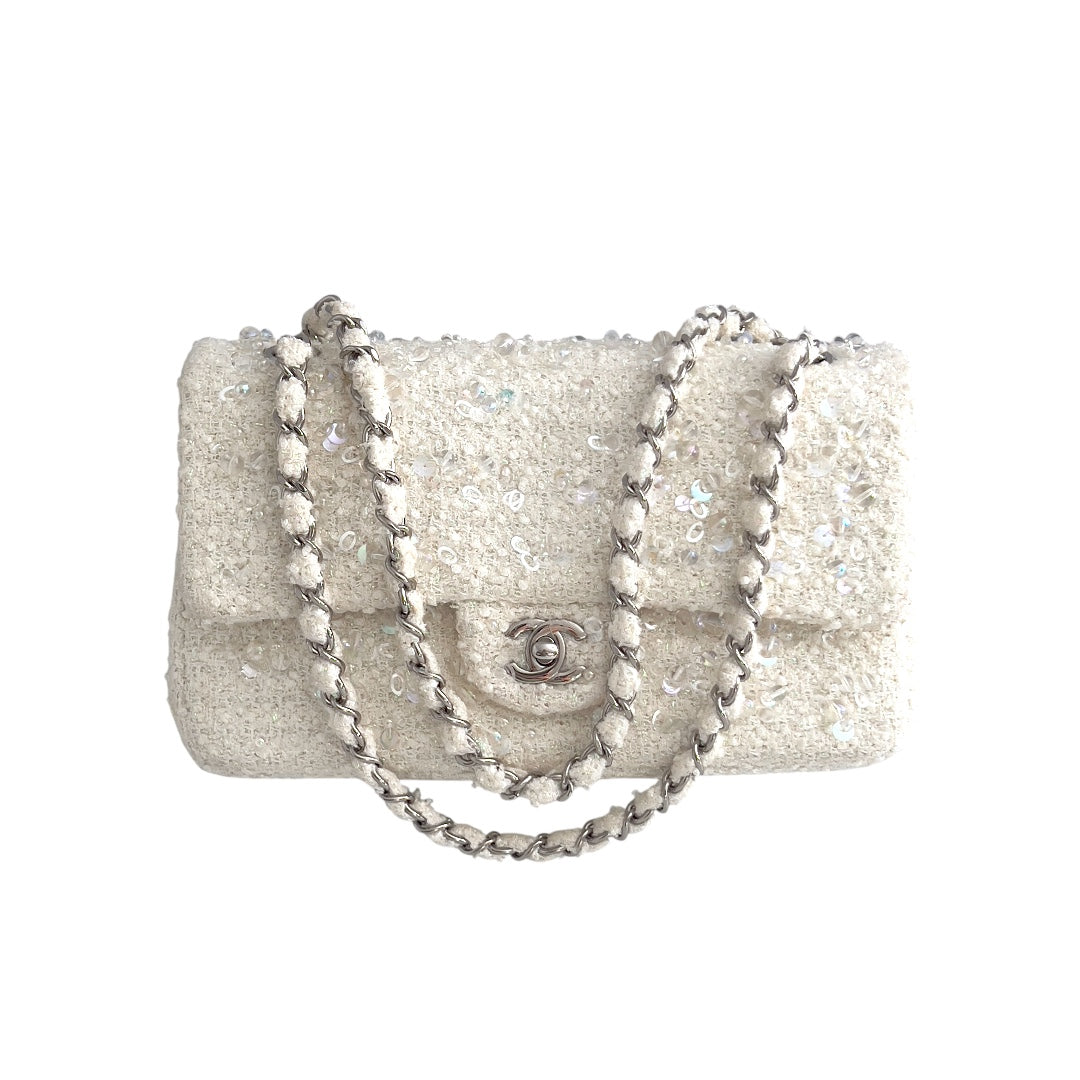 Chanel rain drop white tweed sequin double flap