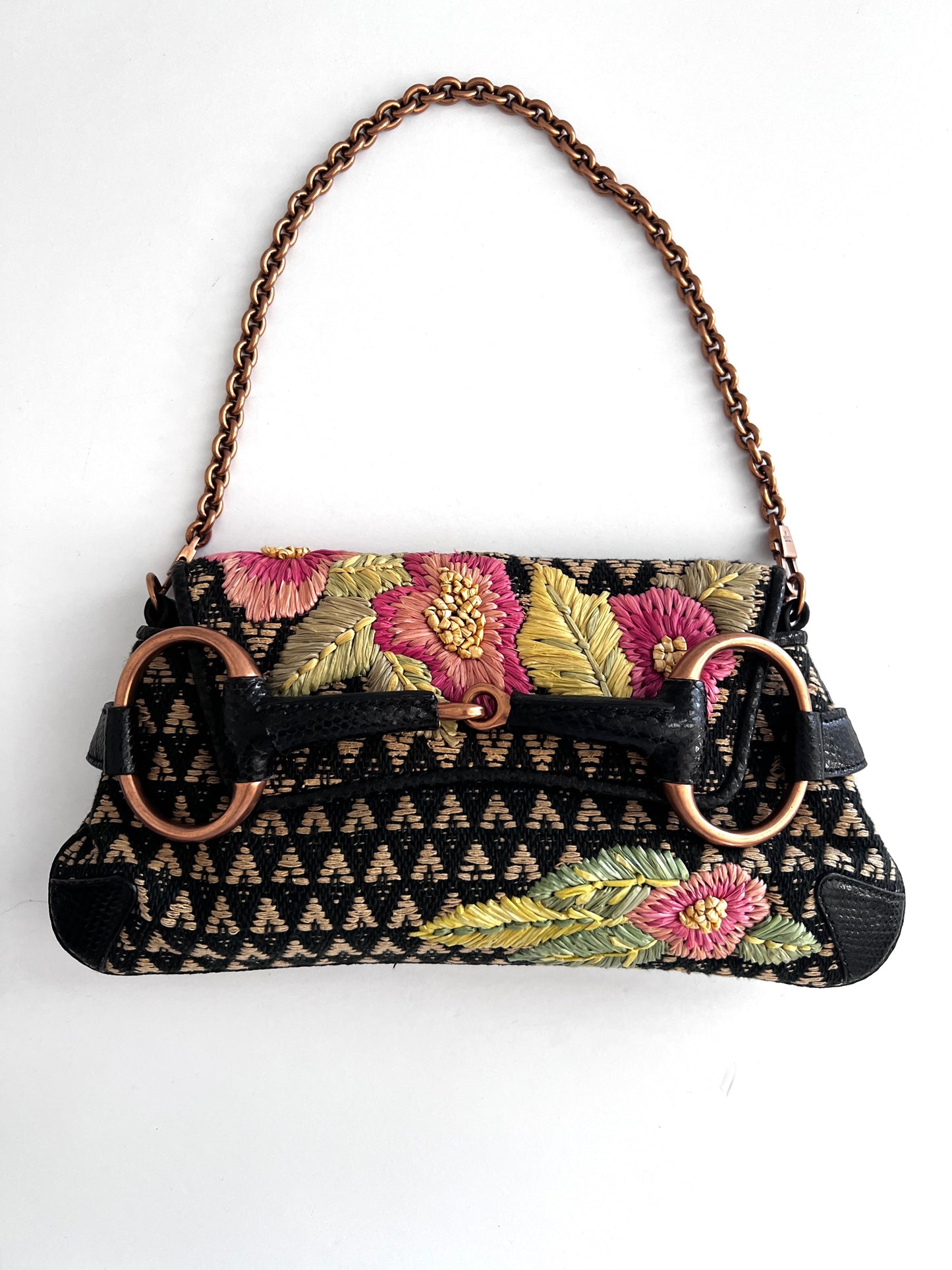 Vintage Gucci Raffia Embroidered Horsebit Chain Bag Medium