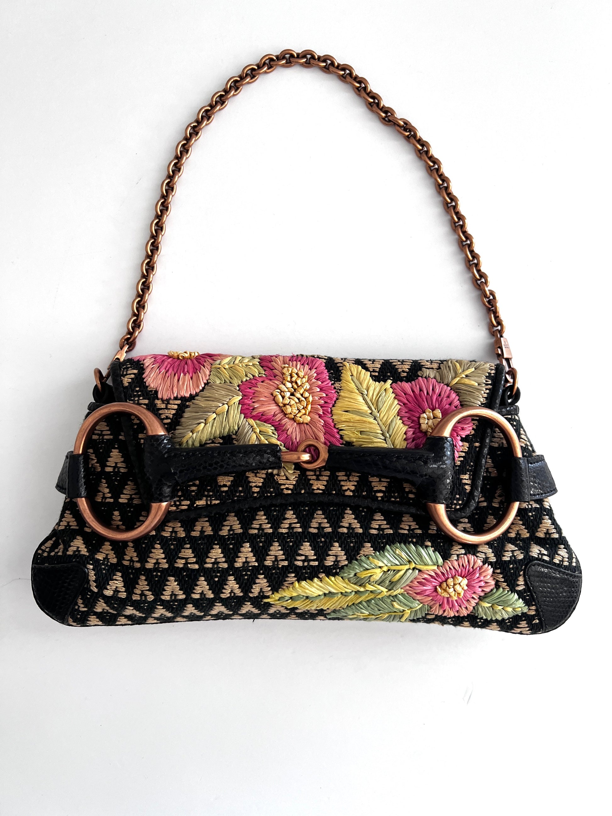 Vintage Gucci Raffia Embroidered Horsebit Chain Bag Medium