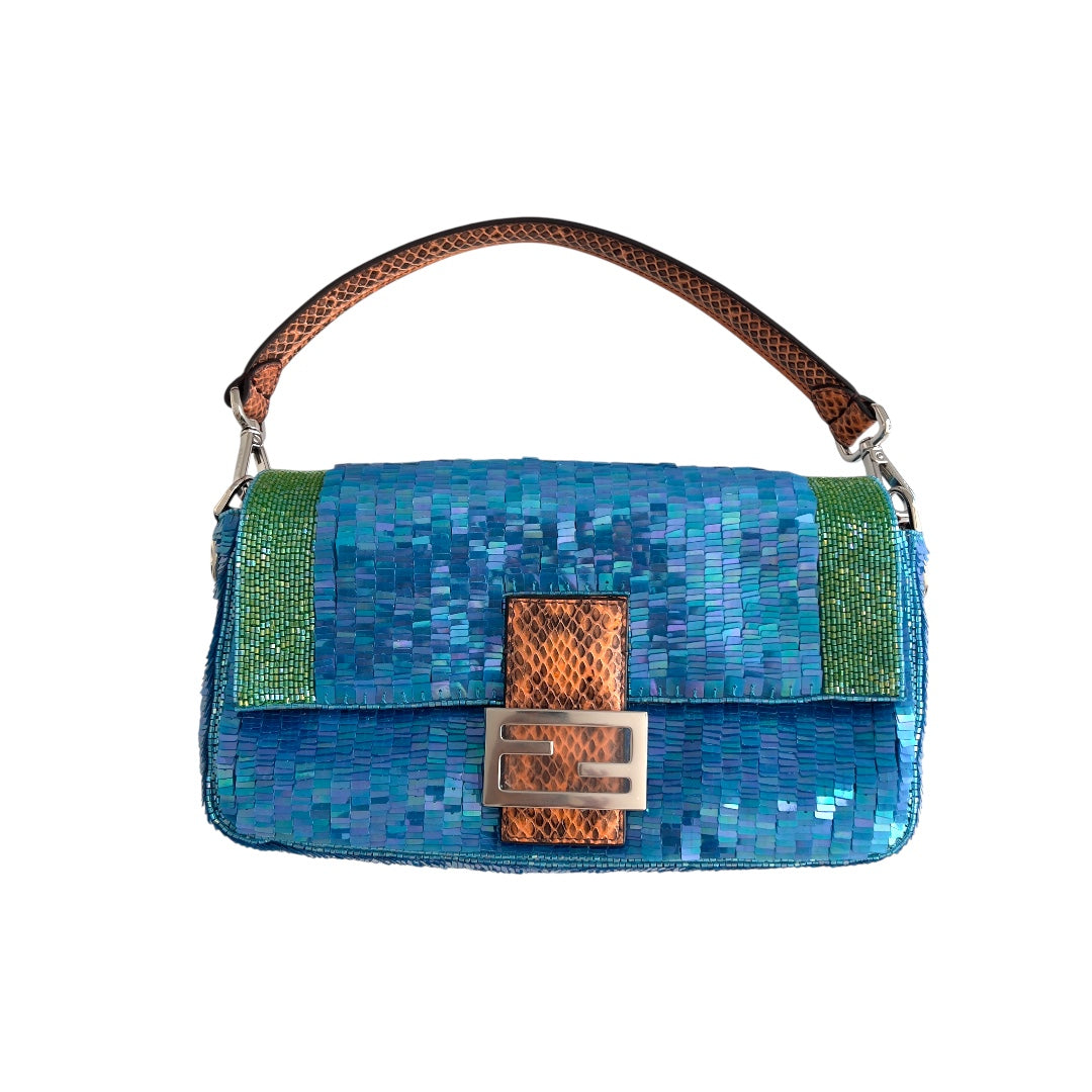 Fendi Reissue Green Stripe Blue Sequin Baguette