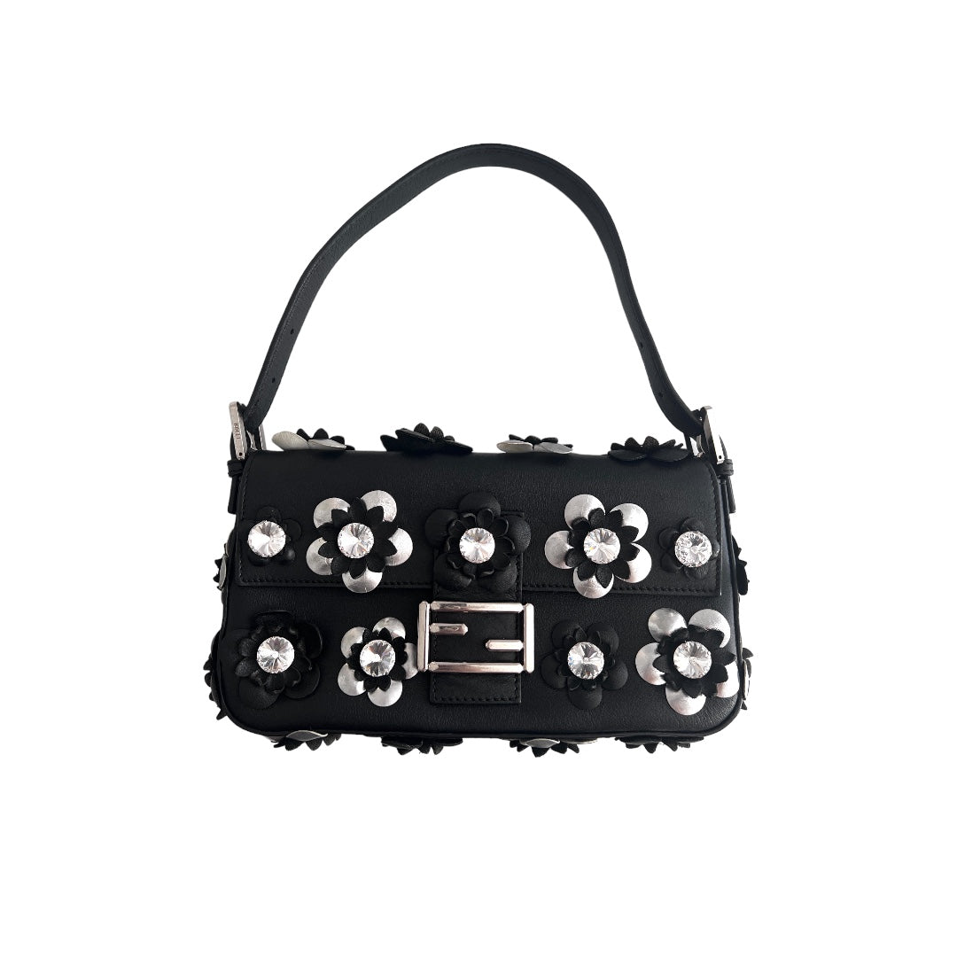 Fendi Fendi 3D flowers black leather baguette