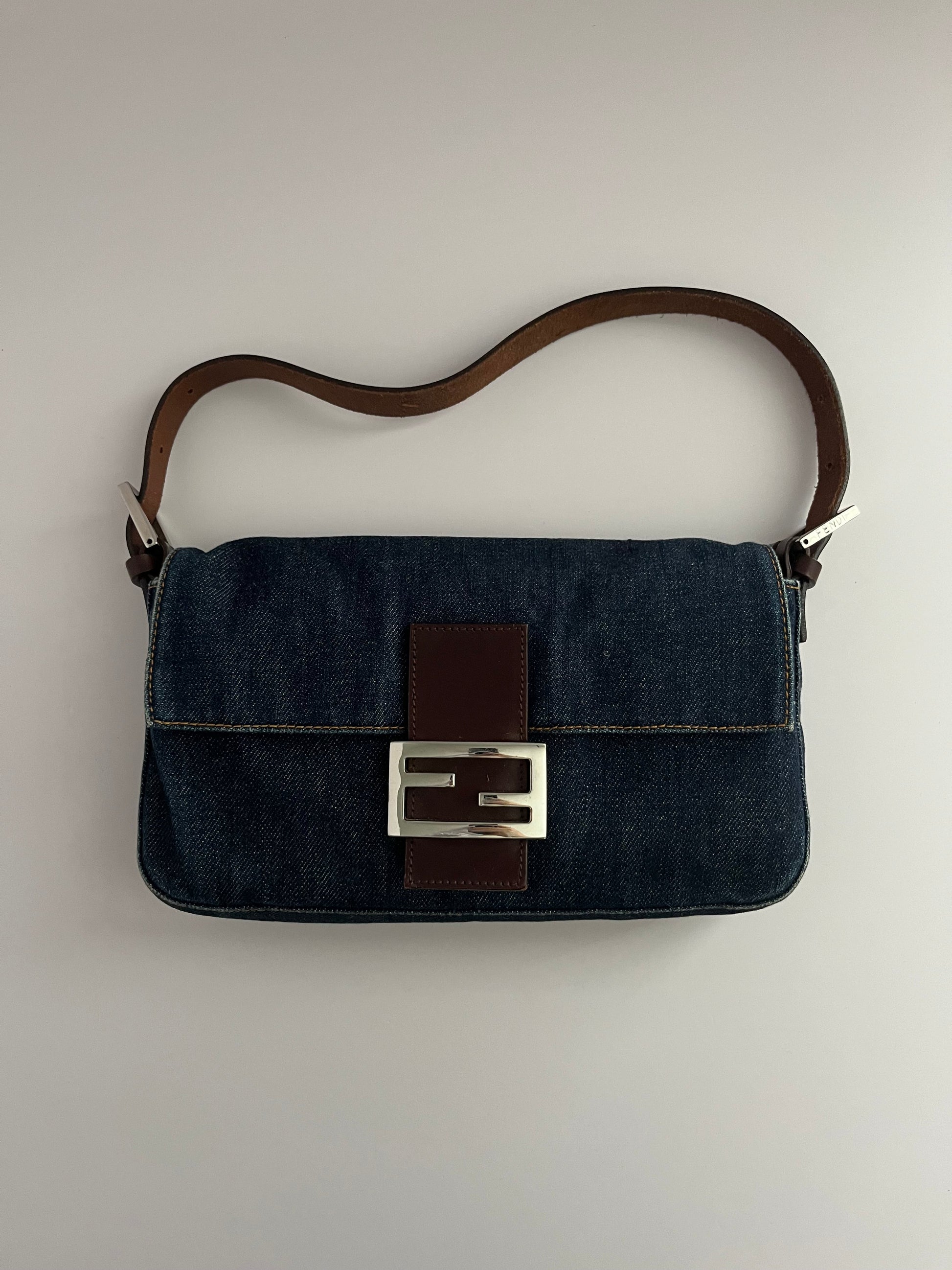 Fendi baguette blue jeans leather silver hardware shoulder bag
