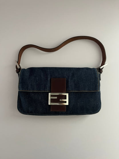 Fendi baguette blue jeans leather silver hardware shoulder bag