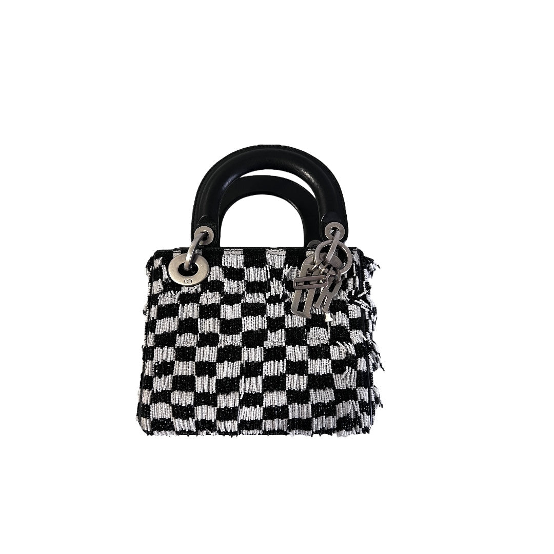 Dior Dior fringe beaded black& white plaid lady dior bag