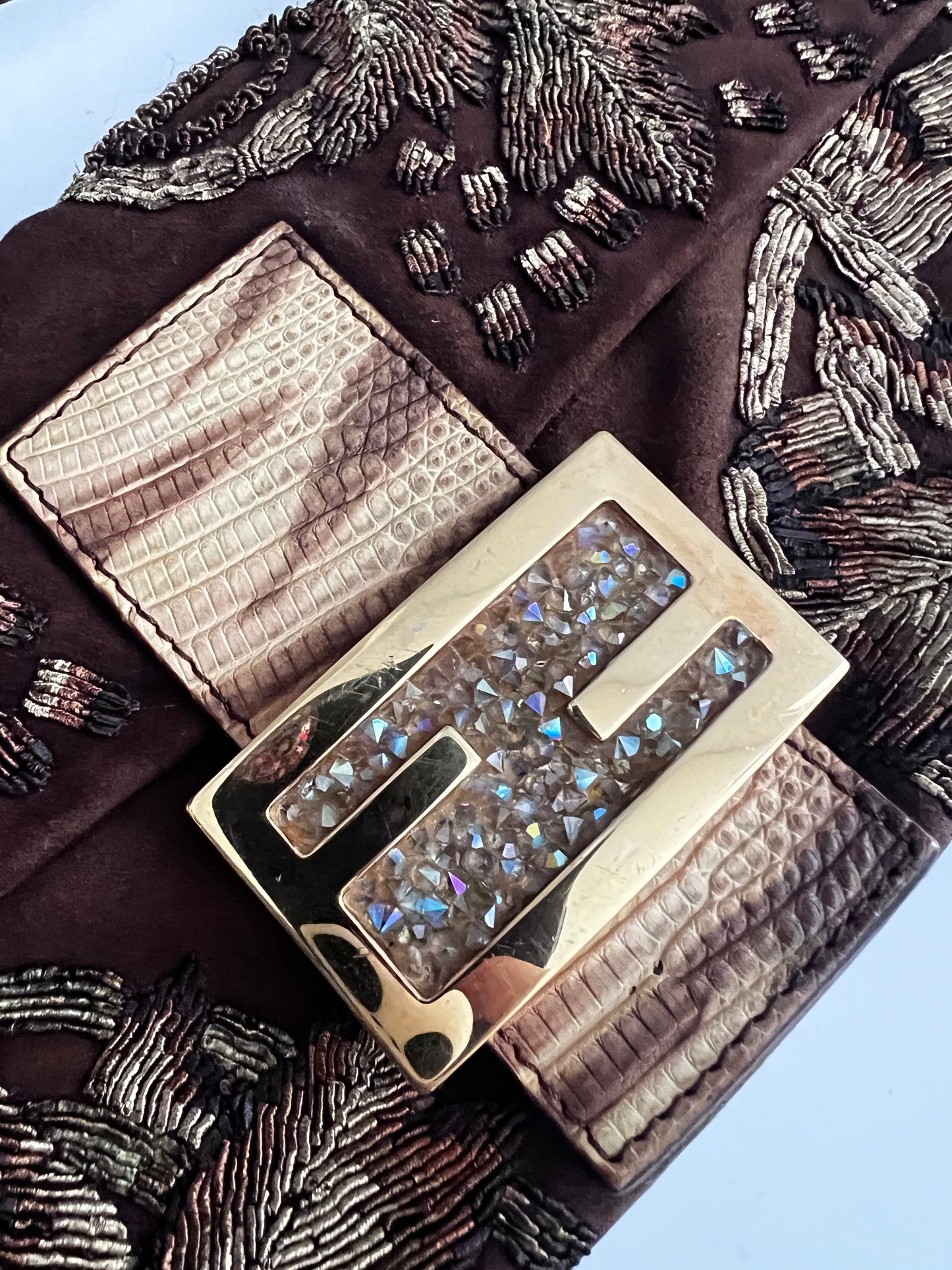 Fendi embroidered brown suede baguette