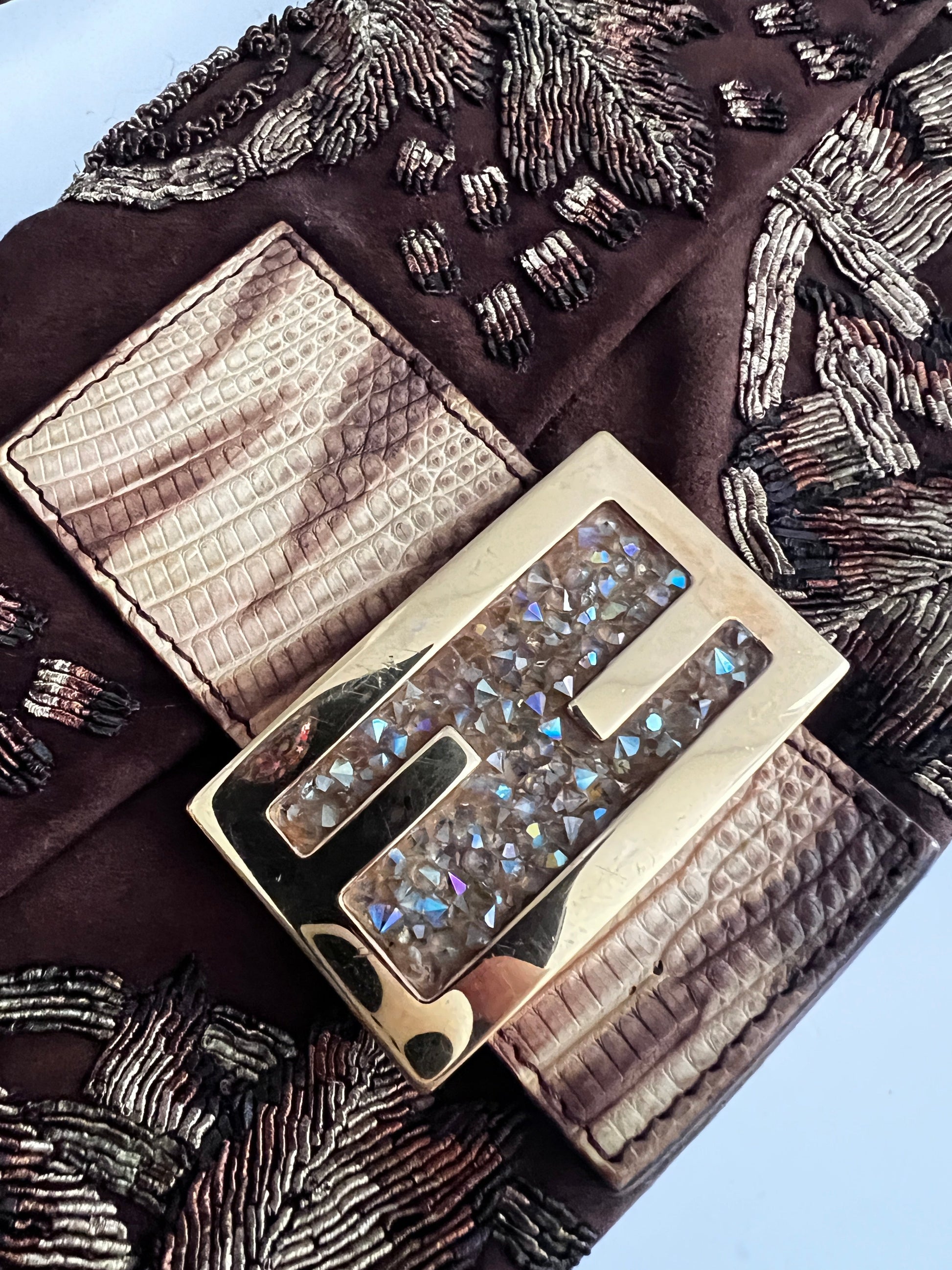 Fendi embroidered brown suede baguette