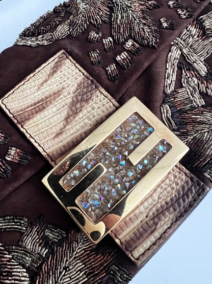 Fendi embroidered brown suede baguette
