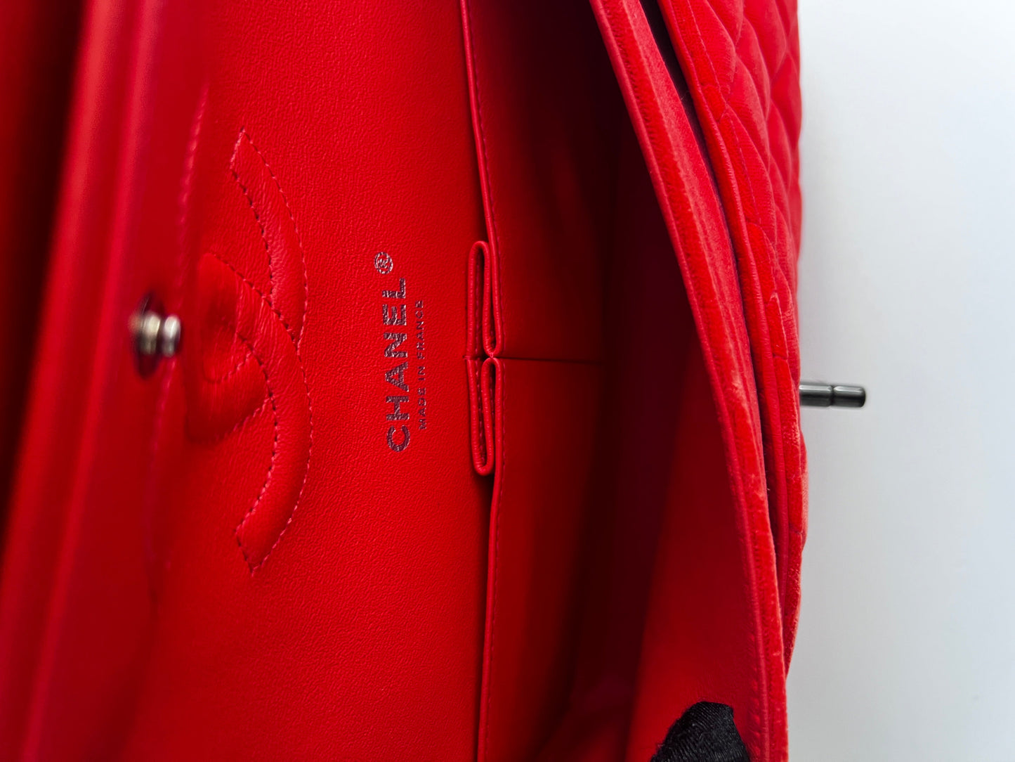 Chanel orange velvet double flap bag medium size