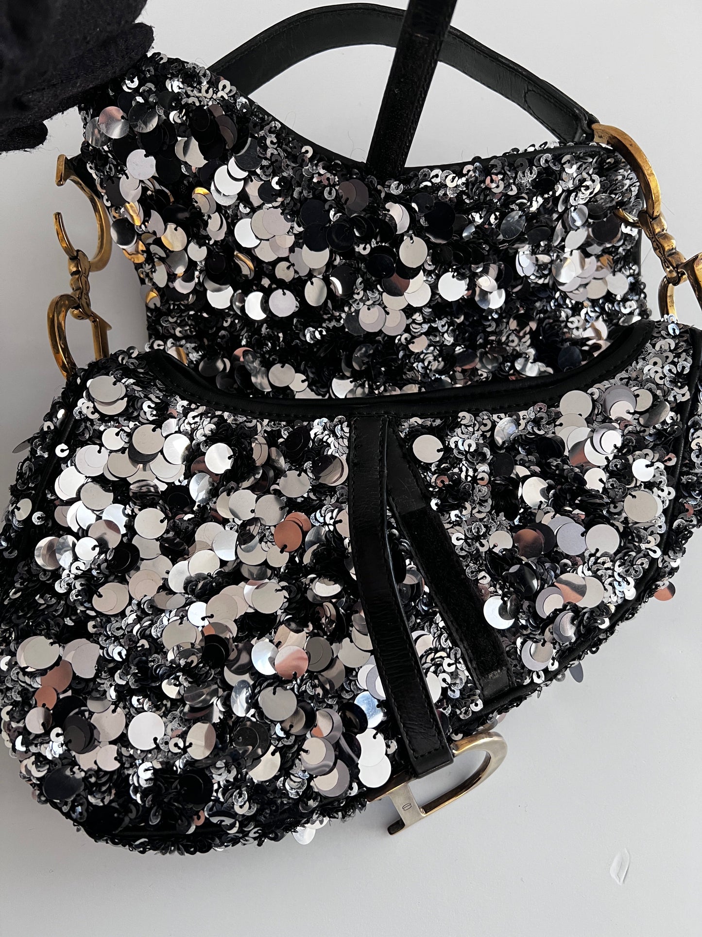 Dior silver sequin saddle bag