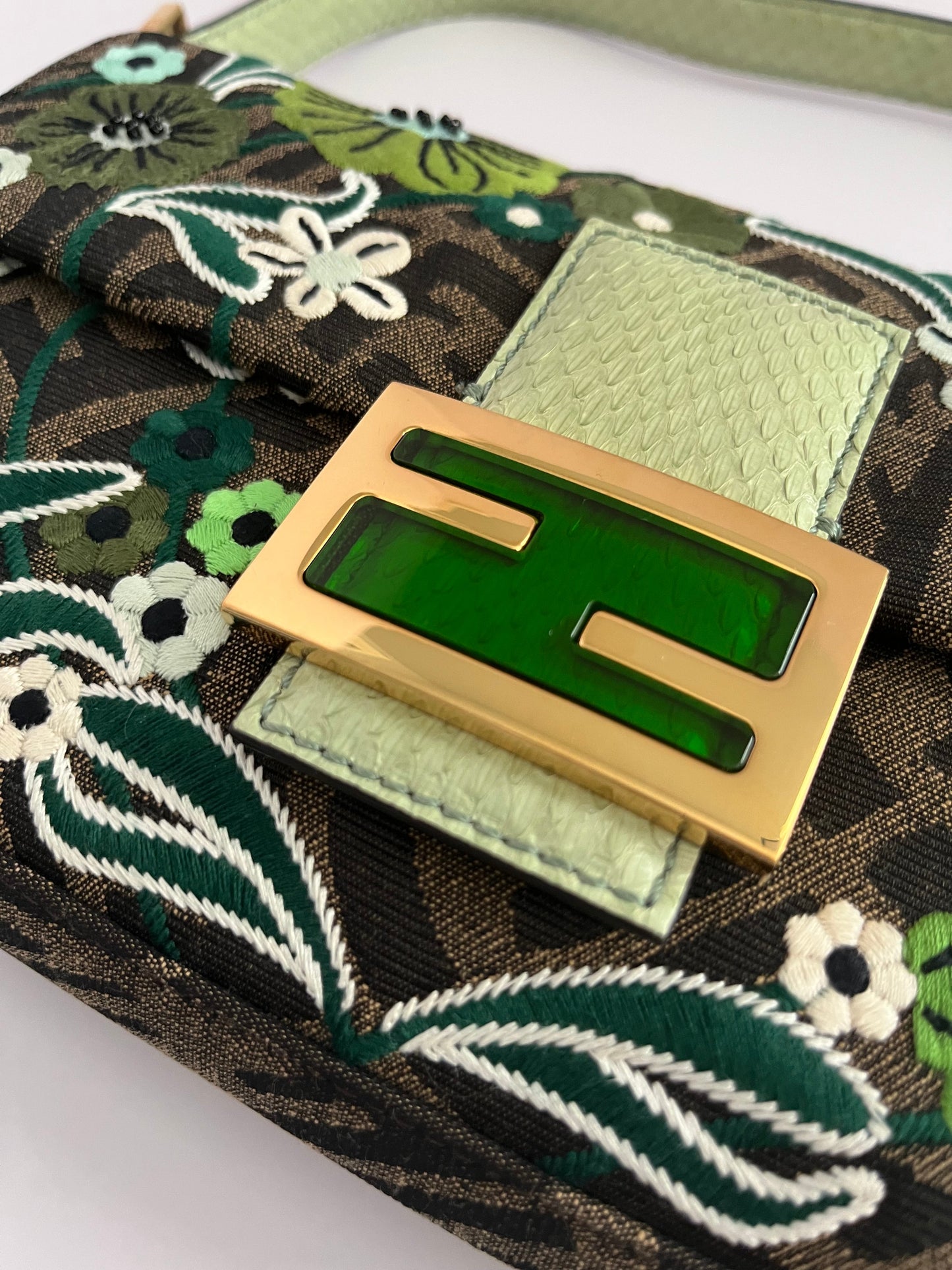 Fendi baguette FF embroidery gold hardware shoulder bag