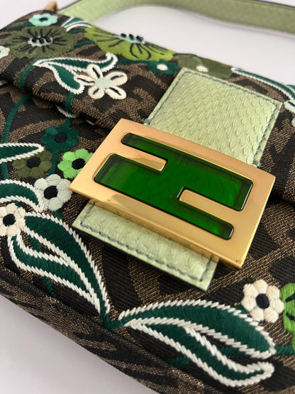 Fendi baguette FF embroidery gold hardware shoulder bag