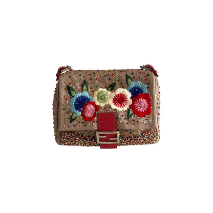 Fendi Selleria raffia floral embroidered mamma baguette.
