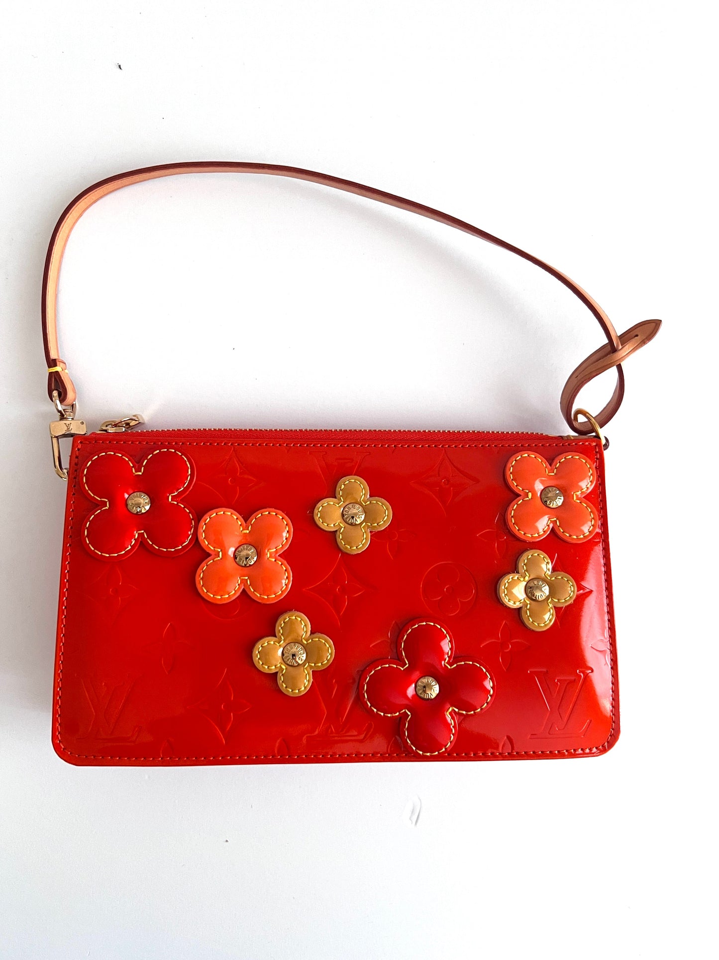 NWOT! Louis Vuitton Orange Sunset Monogram Vernis Lexington Fleurs Pochette Bag