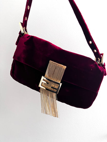 Vintage Fendi red velvet fringe baguette