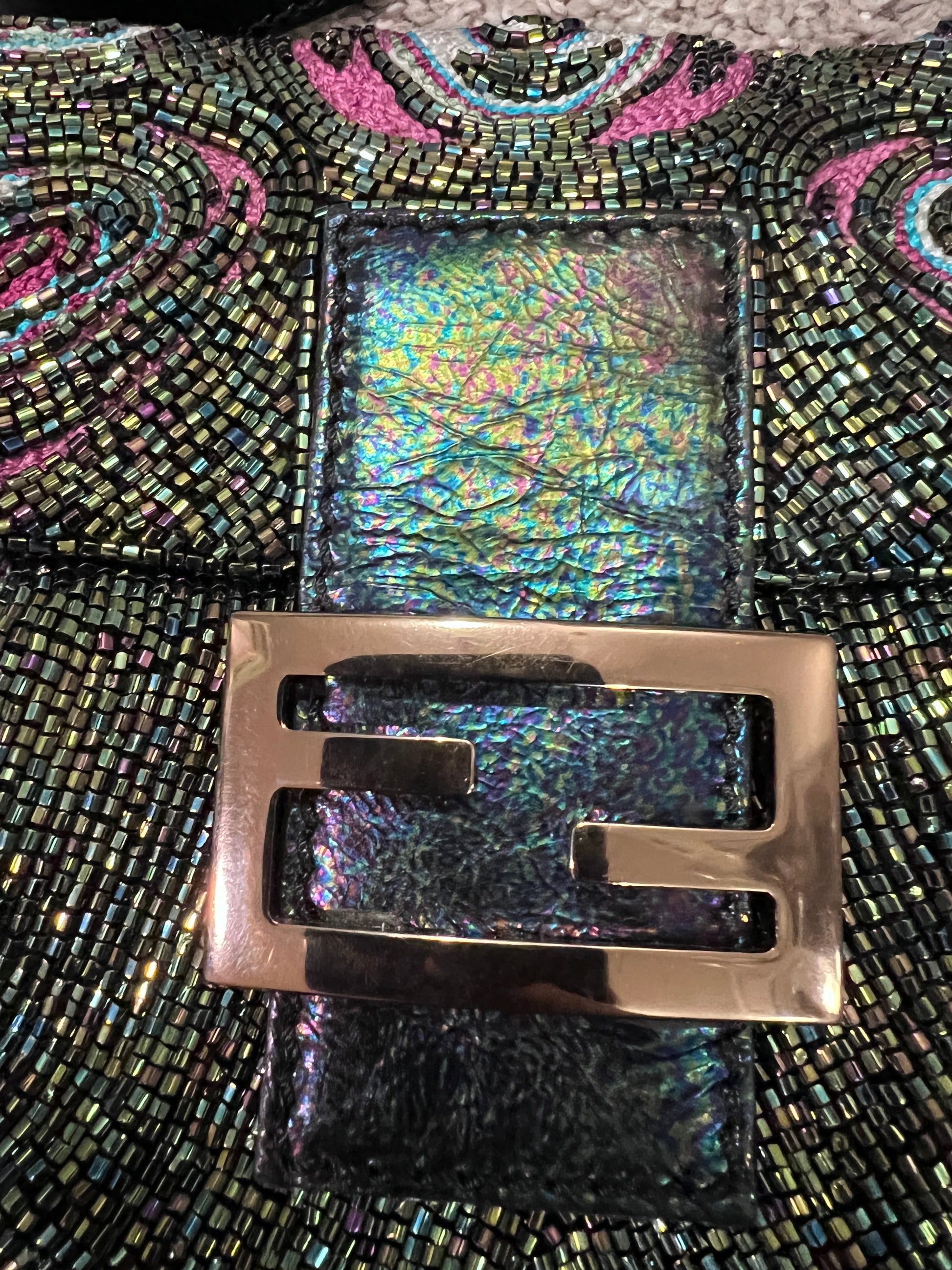 FENDI embroidered peacock feather pattern full beaded baguette