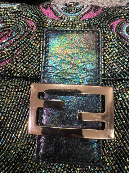 FENDI embroidered peacock feather pattern full beaded baguette