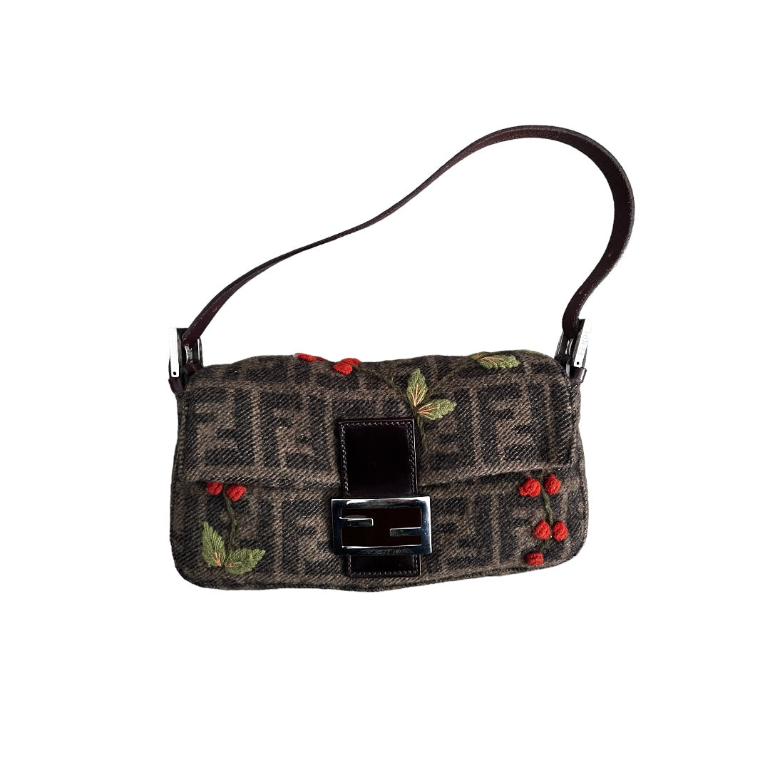 Fendi Fendi berries embroidered zucca wool baguette