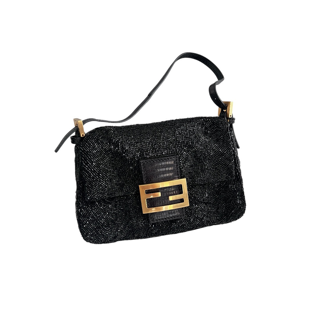 Fendi Fendi black beaded mini mamma baguette lizard skin trimmed