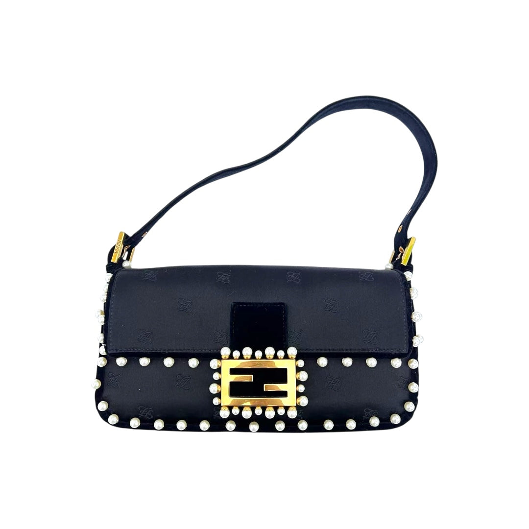 Fendi Fendi black satin pearl velvet baguette shoulder bag