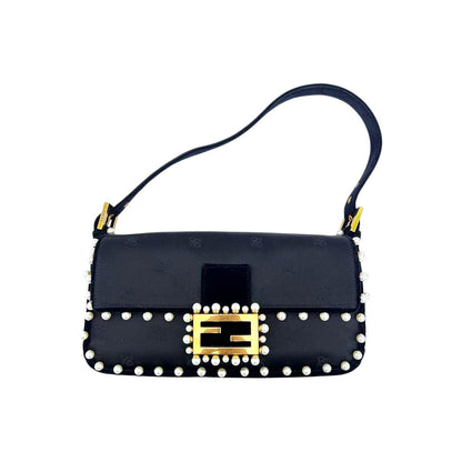 Fendi black satin pearl velvet baguette shoulder bag