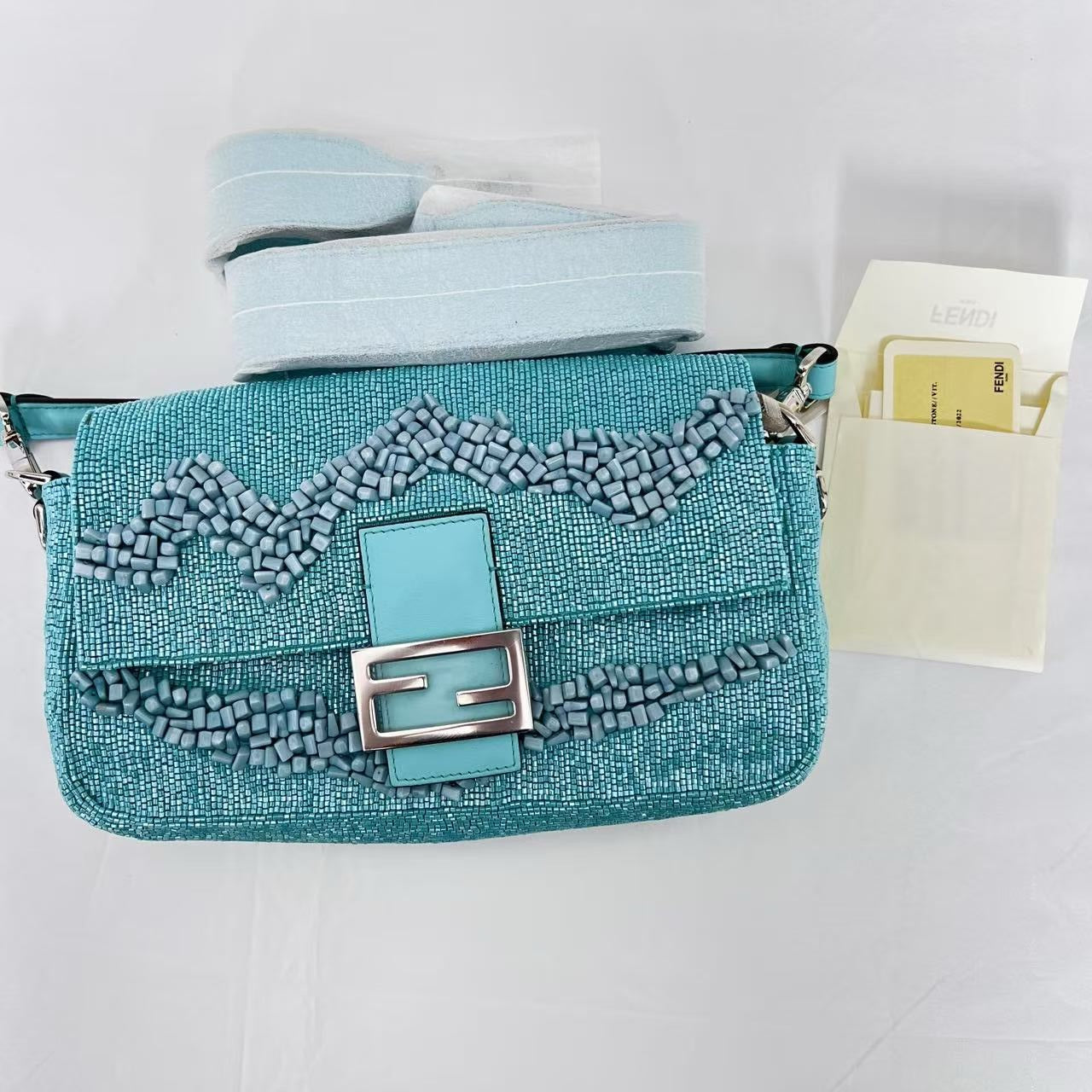 Fendi Baguette light blue beaded shoulder bag