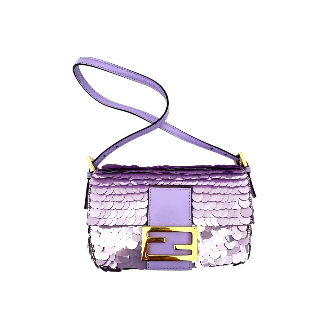 Fendi baguette mini purple sequin gold hardware shoulder bag