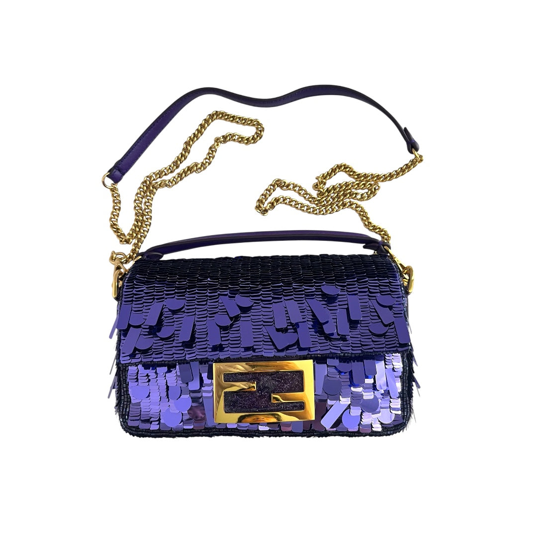Fendi baguette mini purple sequin gold hardware shoulder bag