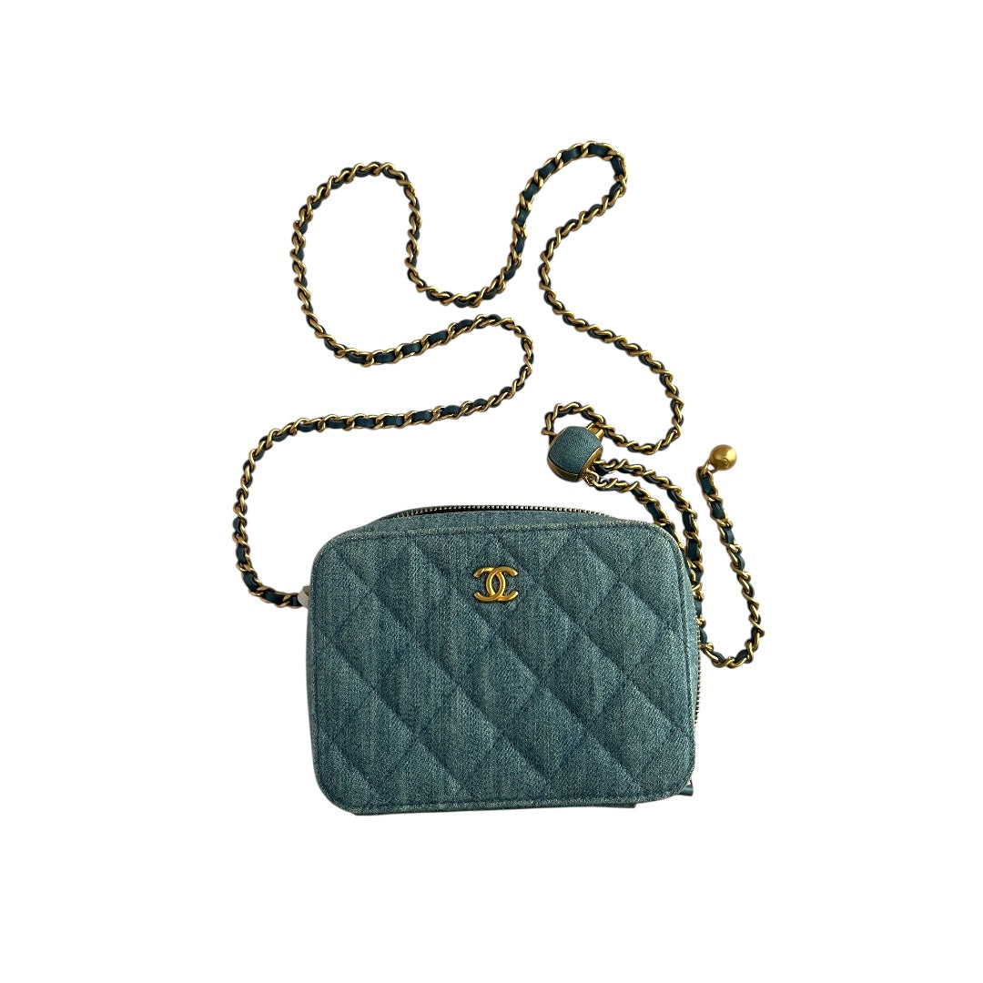 Chanel blue denim gold ball camera shoulder bag