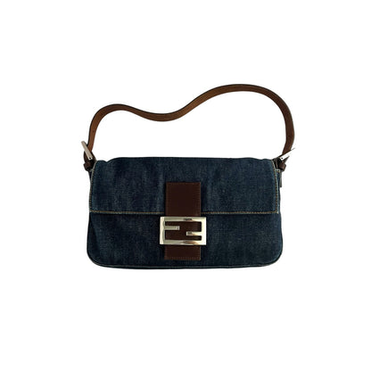 Fendi baguette blue jeans leather silver hardware shoulder bag