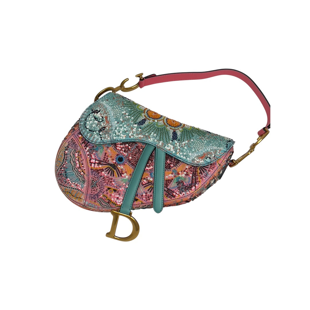 Dior pink& green sequin embroidered saddle bag