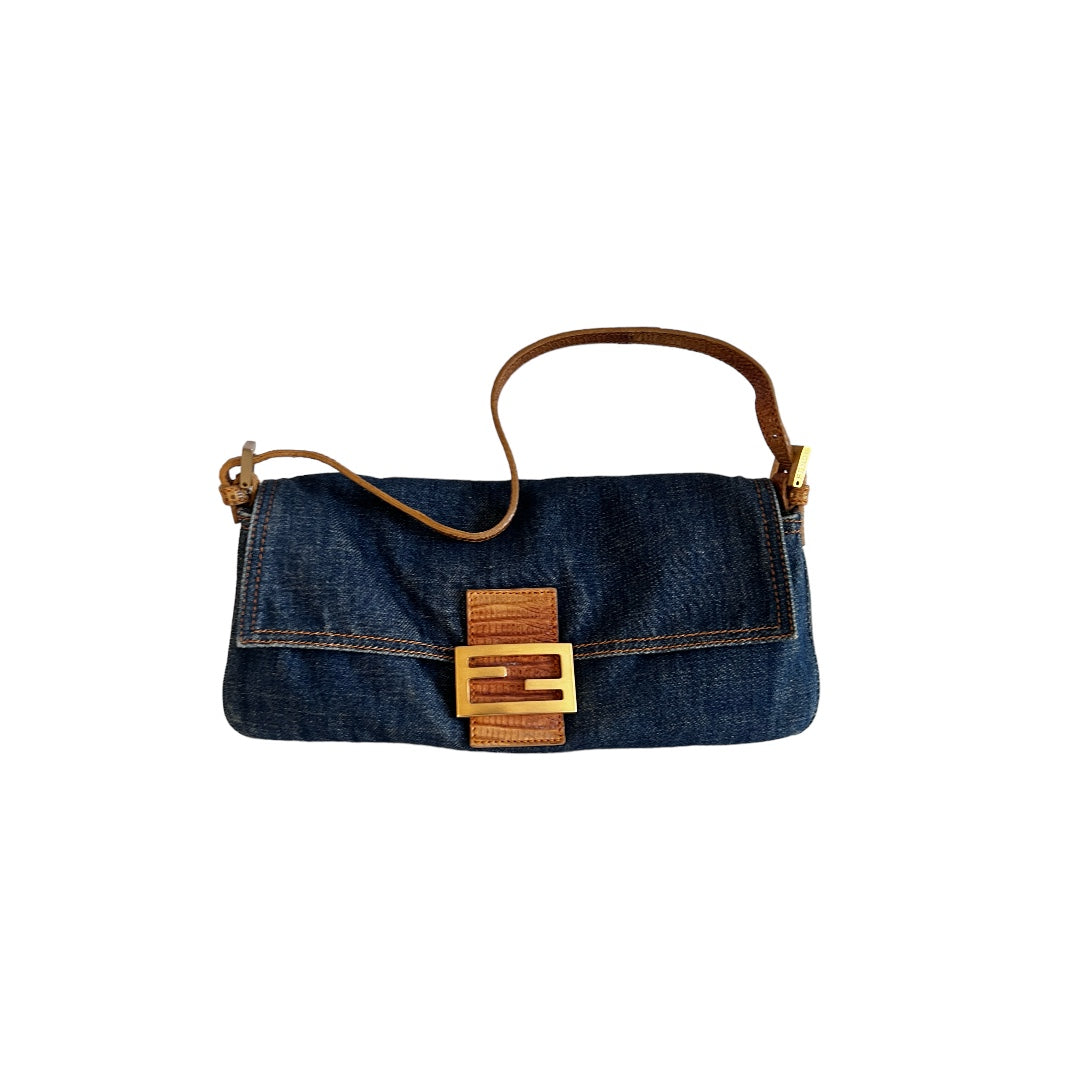 Fendi Vintage Fendi lizard skin trimmed denim baguette