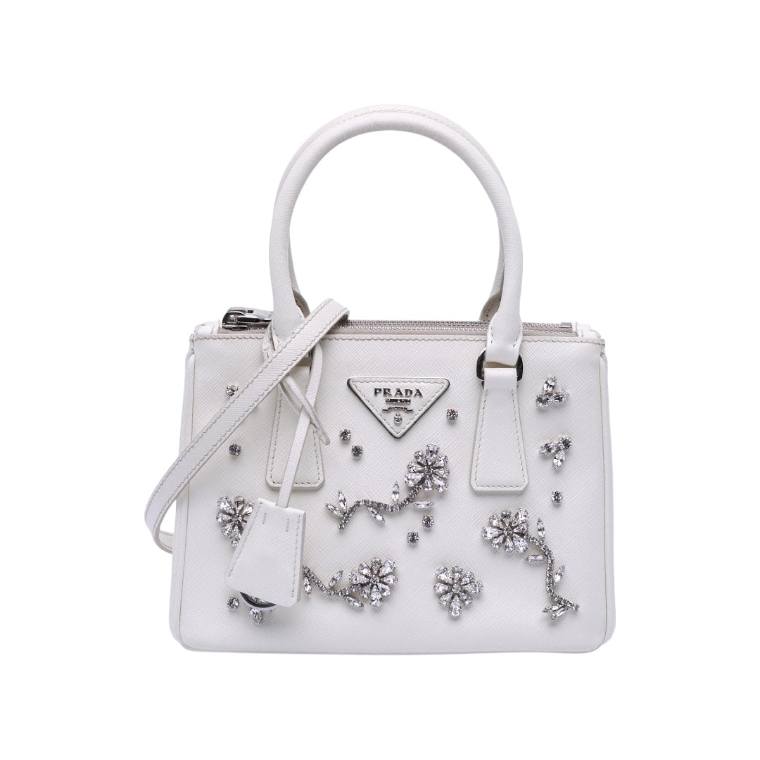 Prada Prada Galleria White Mini Saffiano Lux Crystal Embellished Handbags