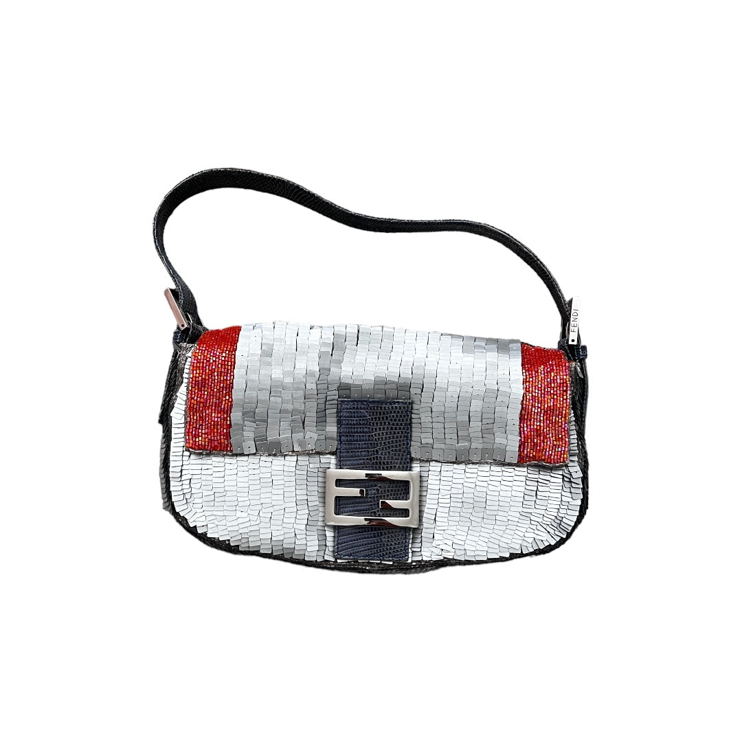 Rare!Fendi Vintage silver sequin trimmed orange beads baguette