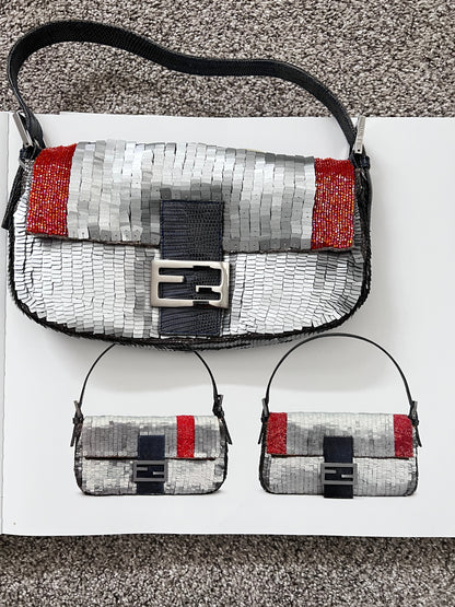 Rare!Fendi Vintage silver sequin trimmed orange beads baguette