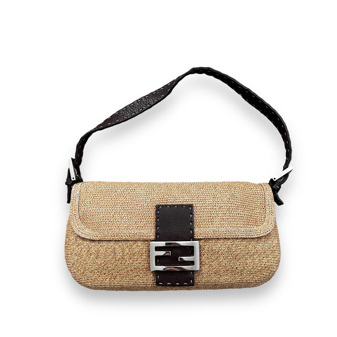 Fendi Vintage raffia leather trimmed selleria baguette
