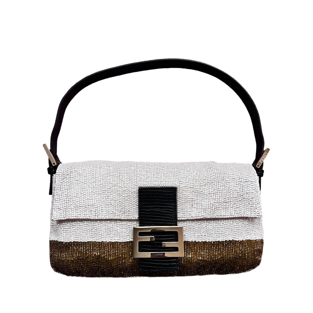 Fendi Elegant white & golden beaded baguette
