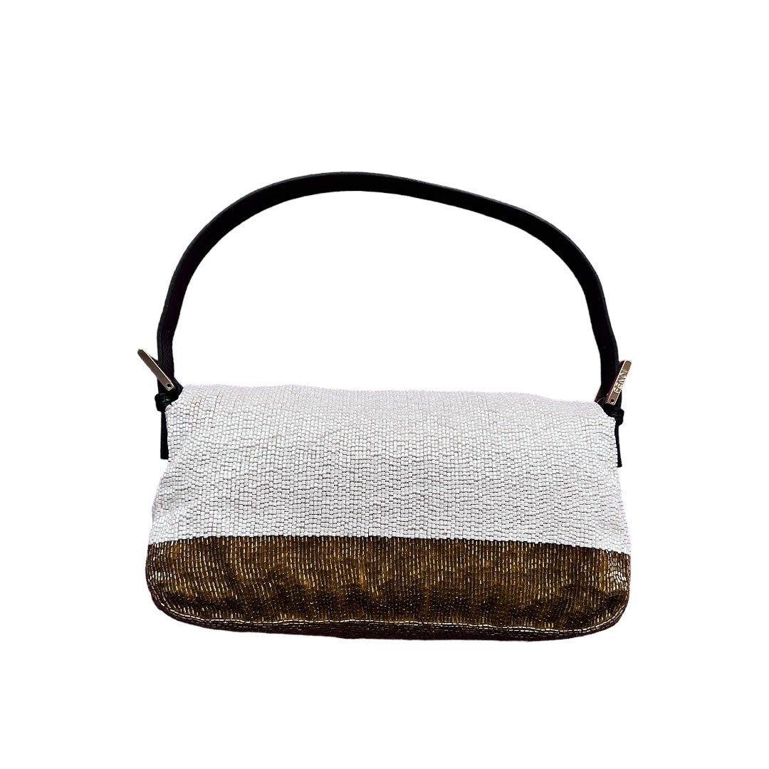 Fendi Elegant white & golden beaded baguette